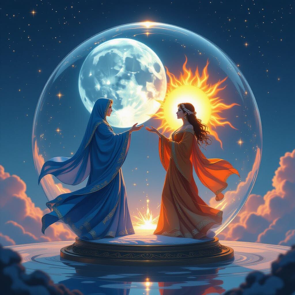 Celestial Dance of Moon and Sun in Glass Orb