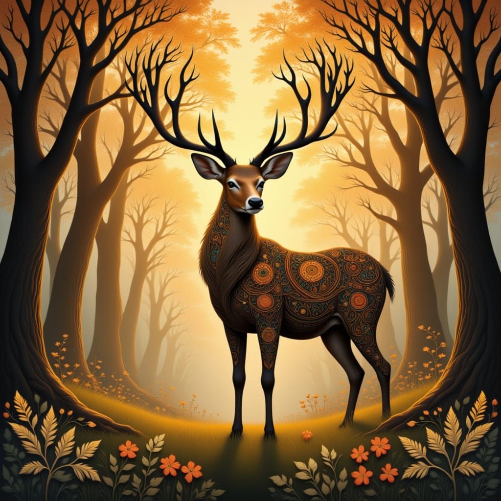 Romantic Deer in Art Nouveau Folk Style
