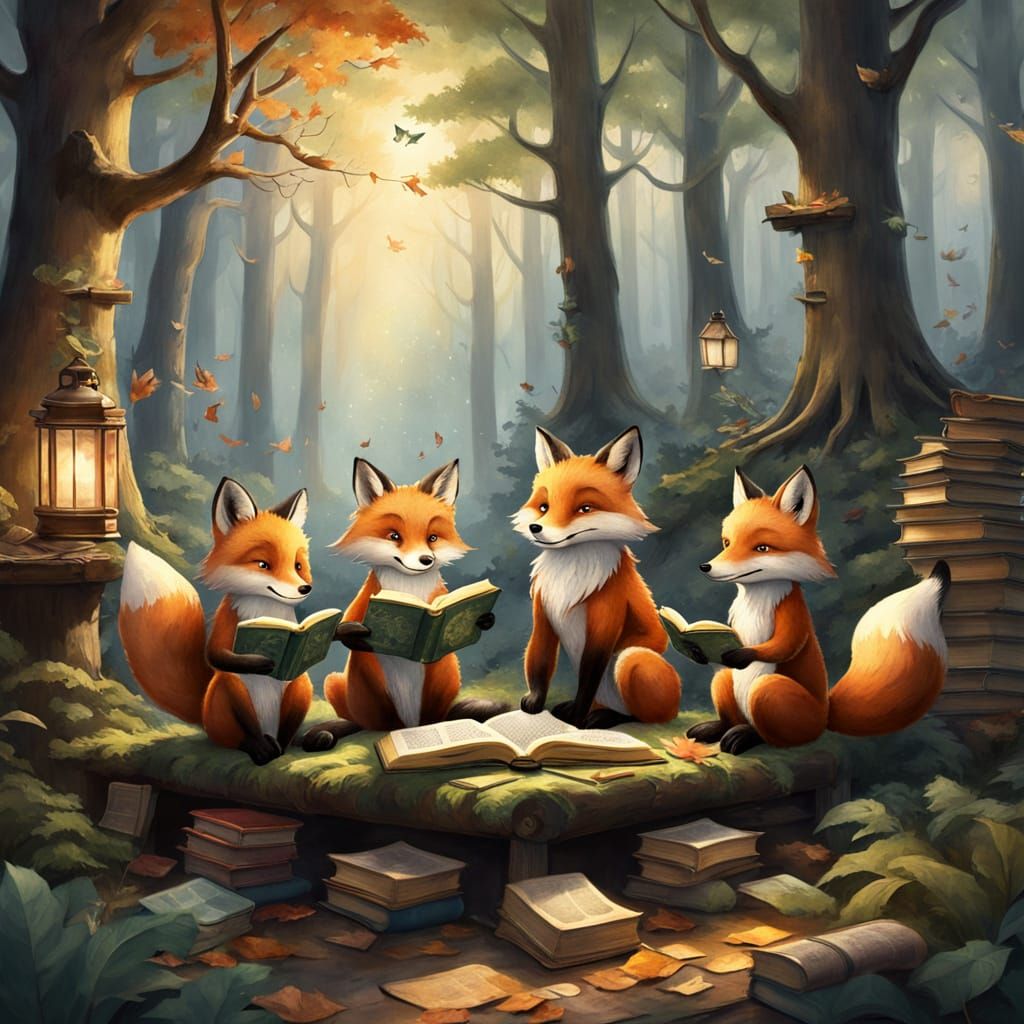 Fox Family Reading in Forest Library, Watercolor Style
