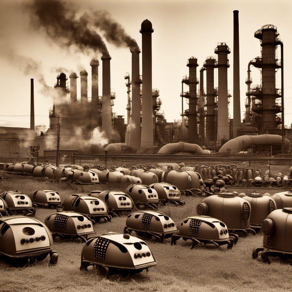 Sepia Photo: Sci-Fi Robots in Old Factory