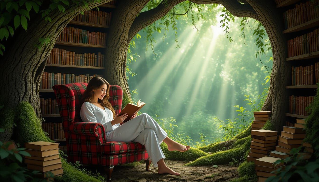 Enchanted Forest Library: Woman Reading in Tree
