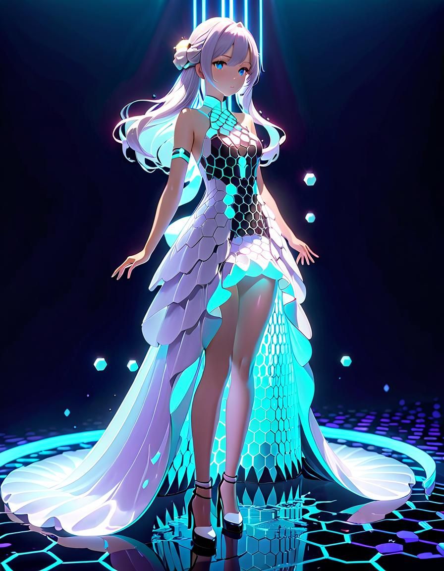 Neon Lit Anime Woman in Flowing Dress