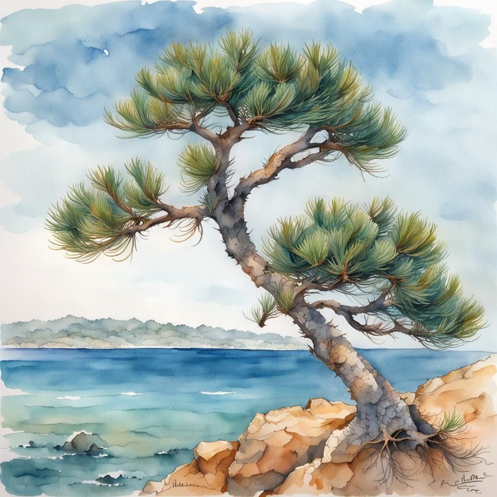 Mediterranean Umbrella Pine Watercolor Illustration