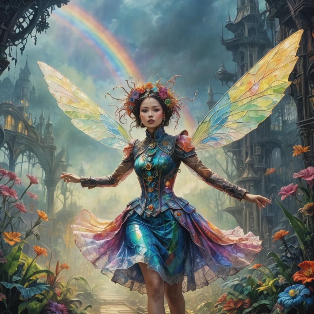 Girl in Steampunk Fauvist Garden Chasing Dragonfly