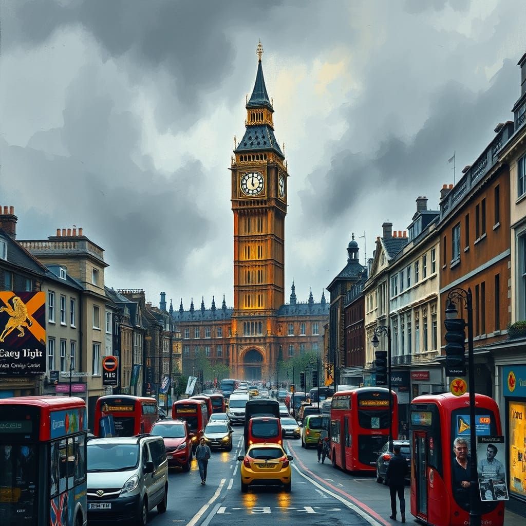 London Streetscape with Big Ben as Impasto Painting