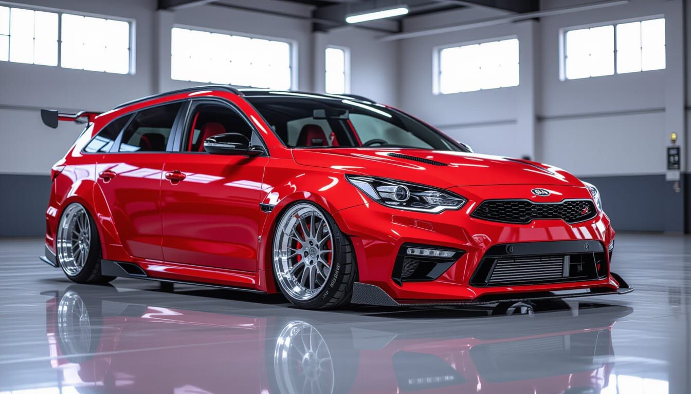 Tuned Red 2007 KIA Ceed Stationwagon with Wide Body Kit