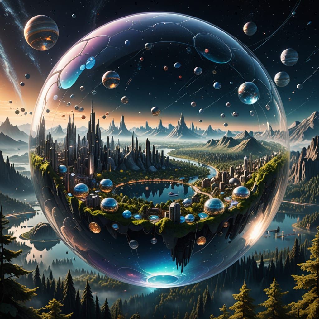 City in Cosmic Bubble: Futuristic Metropolis Amidst Stars