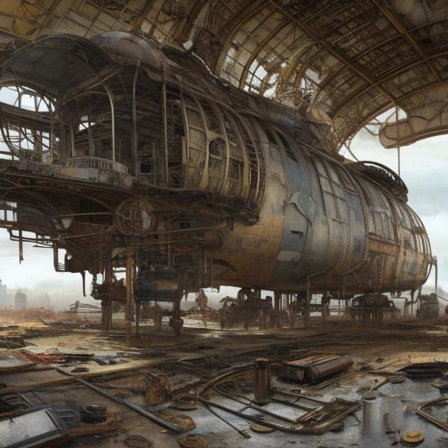 Steampunk Raven Automaton in Abandoned Hangar