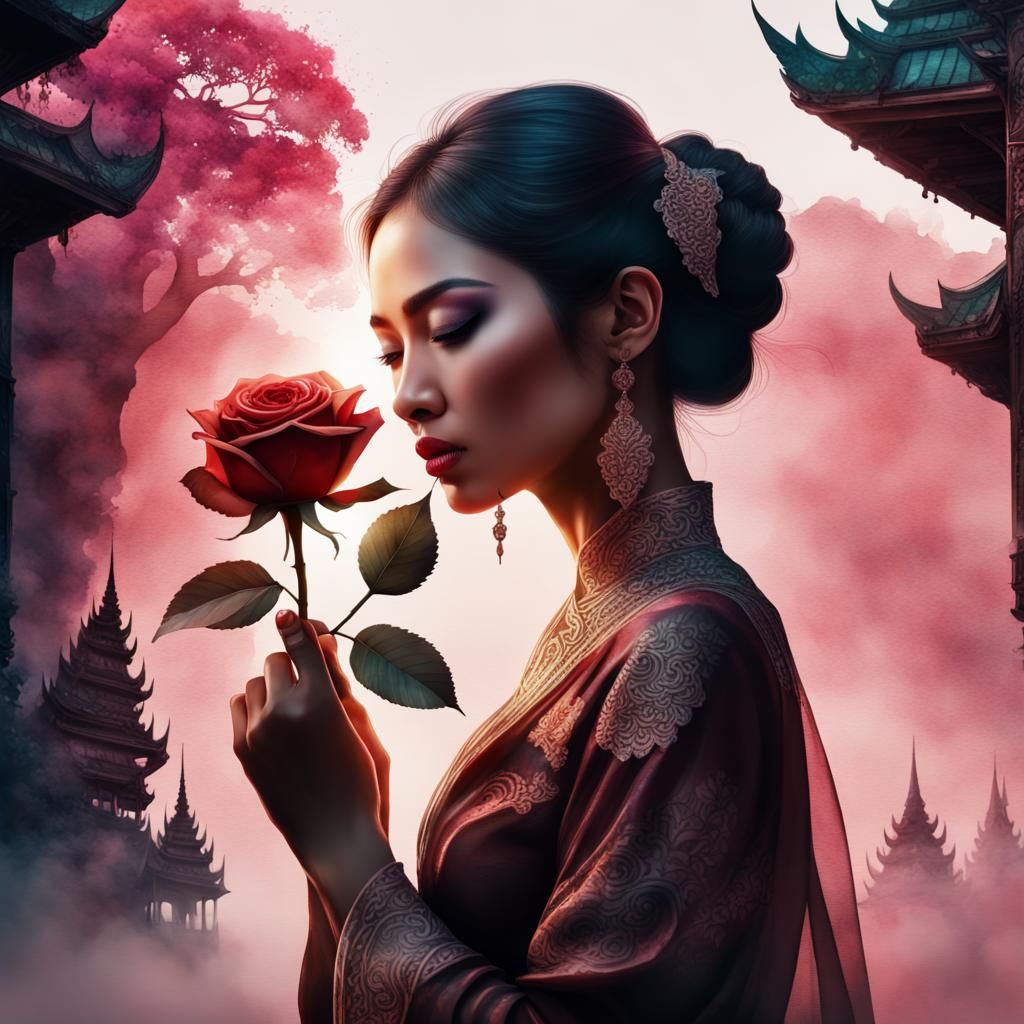 Thai Woman with Rose: Digital Watercolor Silhouette