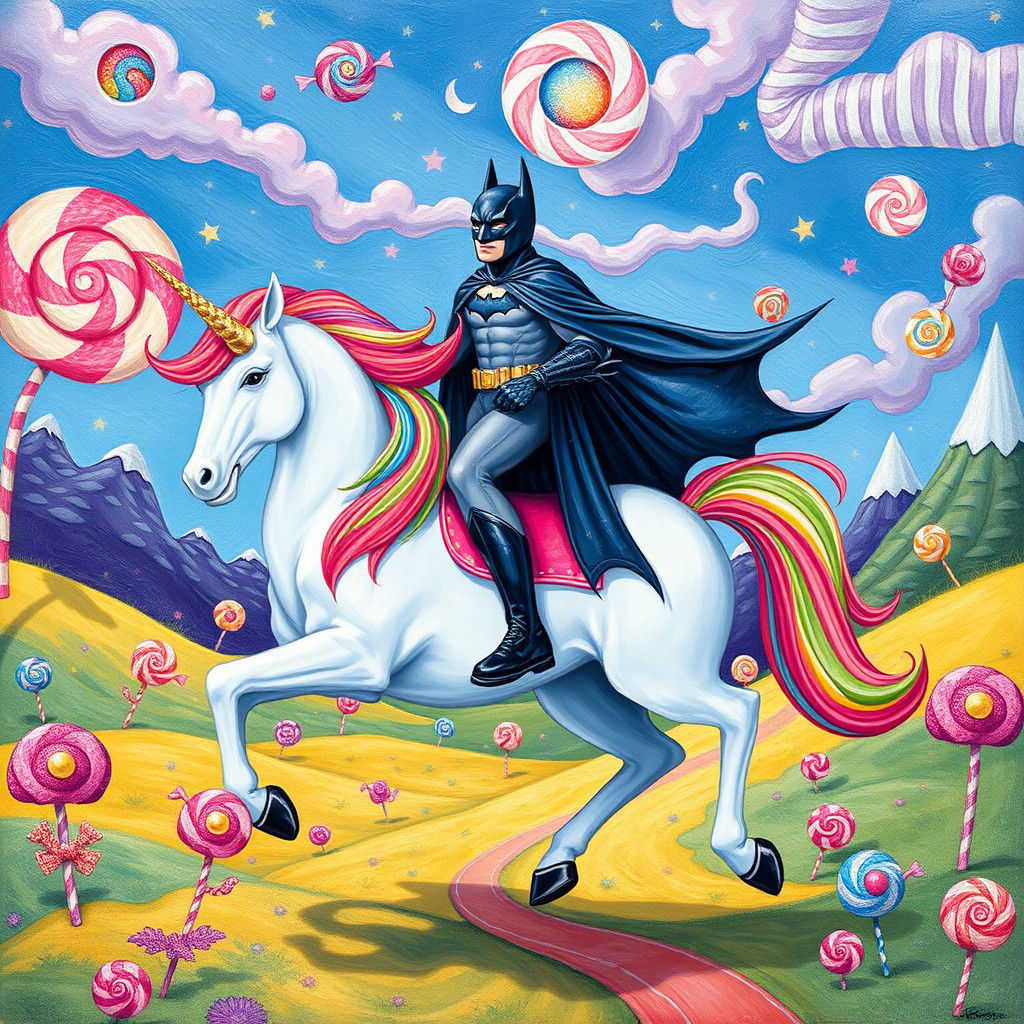 Batman Rides a Unicorn in Candyland, Gouache Style