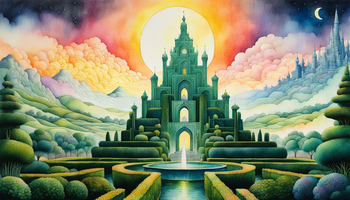 Fountains and Maze in Aquarelle Ink Drawing