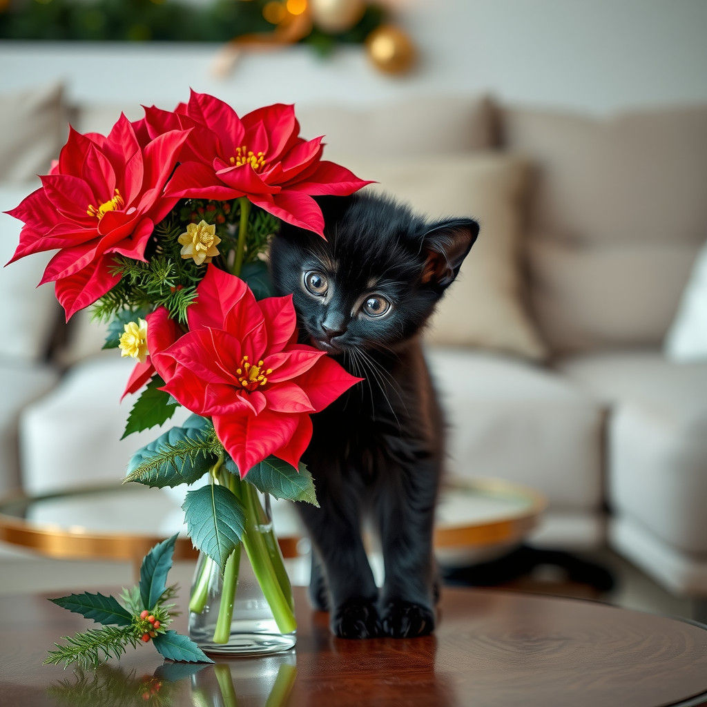 Hyperrealistic Kitten with Fractal Christmas Poinsettias