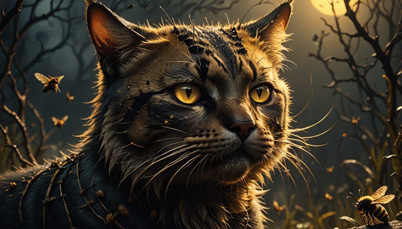 Eerie Dark Fantasy Cat Stung by Bee in Golden Lighting