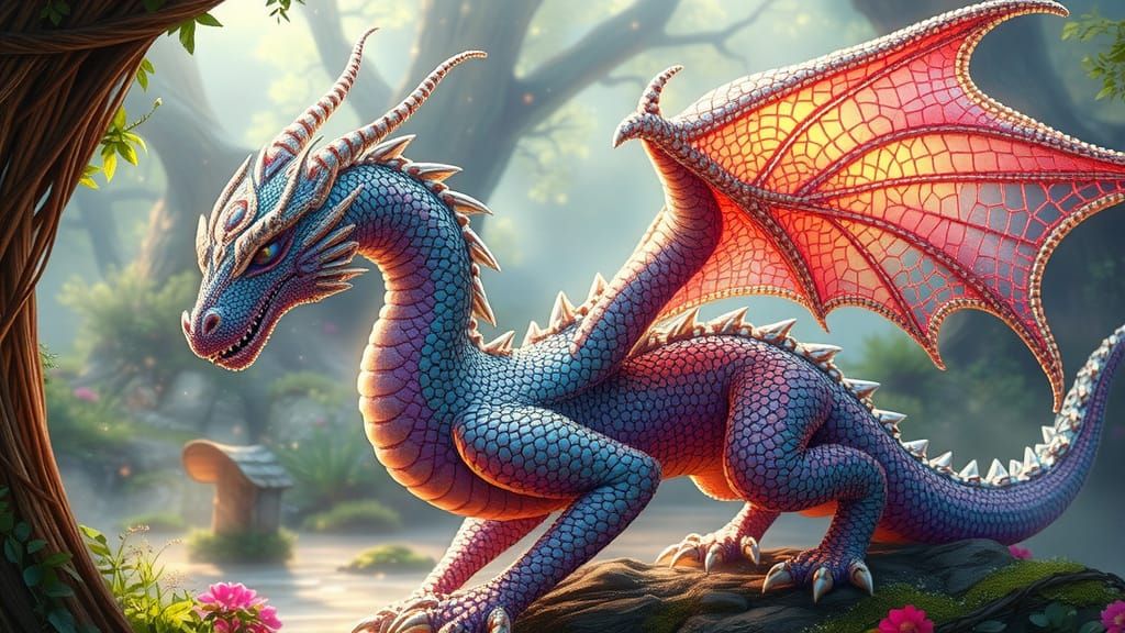 Iridescent Beaded Dragon in Enchanted Forest