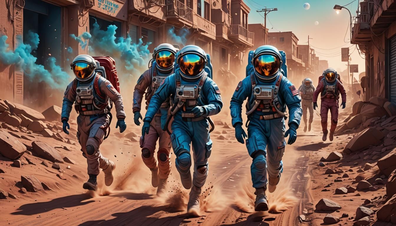 Martian Boys Running in Sci-Fi Landscape