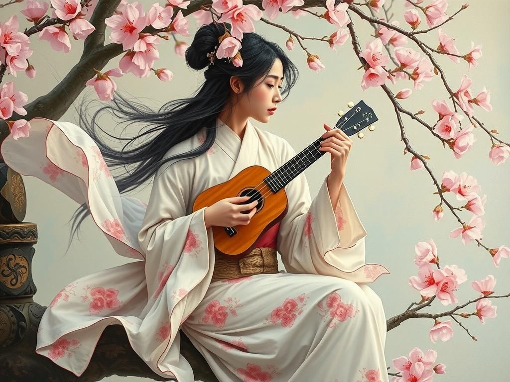 Ethereal Japanese Woman with Ukulele in Ukiyo-e Style