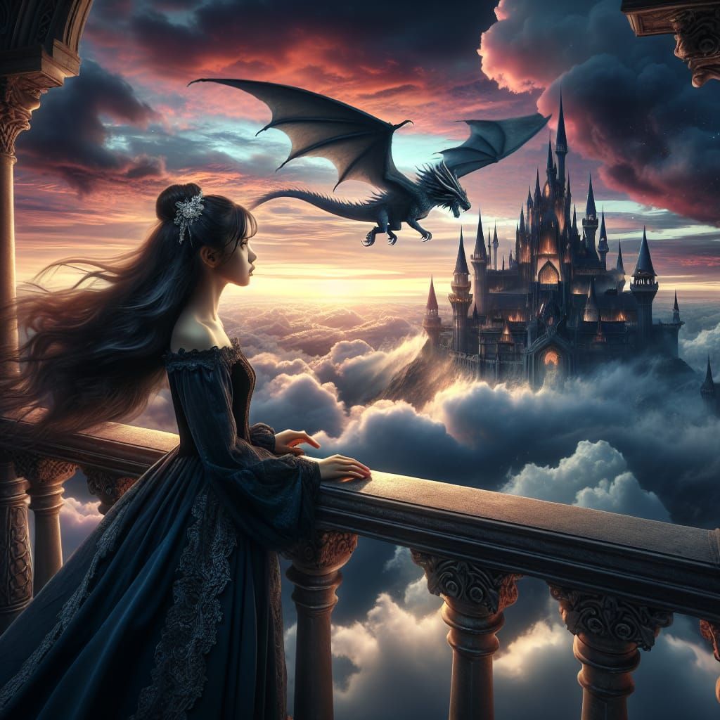 Majestic Dragon soars Over Enchanted Castle in Sunset Glory