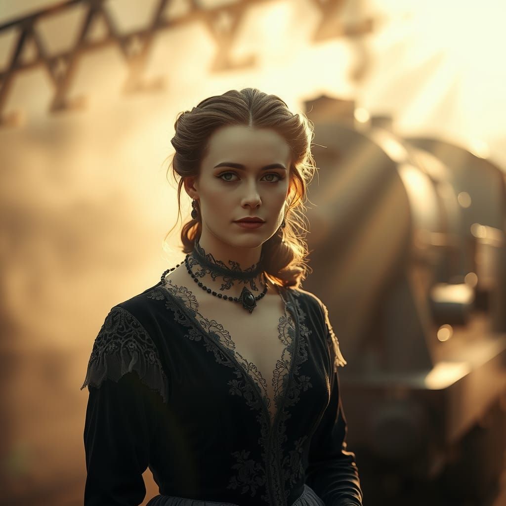Victorian Lady and Steam Train Double Exposure