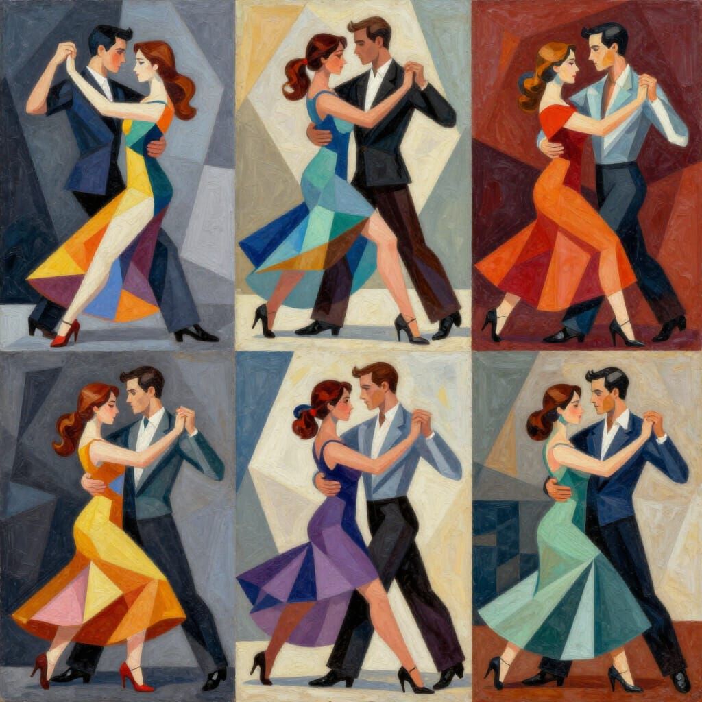 Collage Style Dancers in Geometric Art Deco Fusion