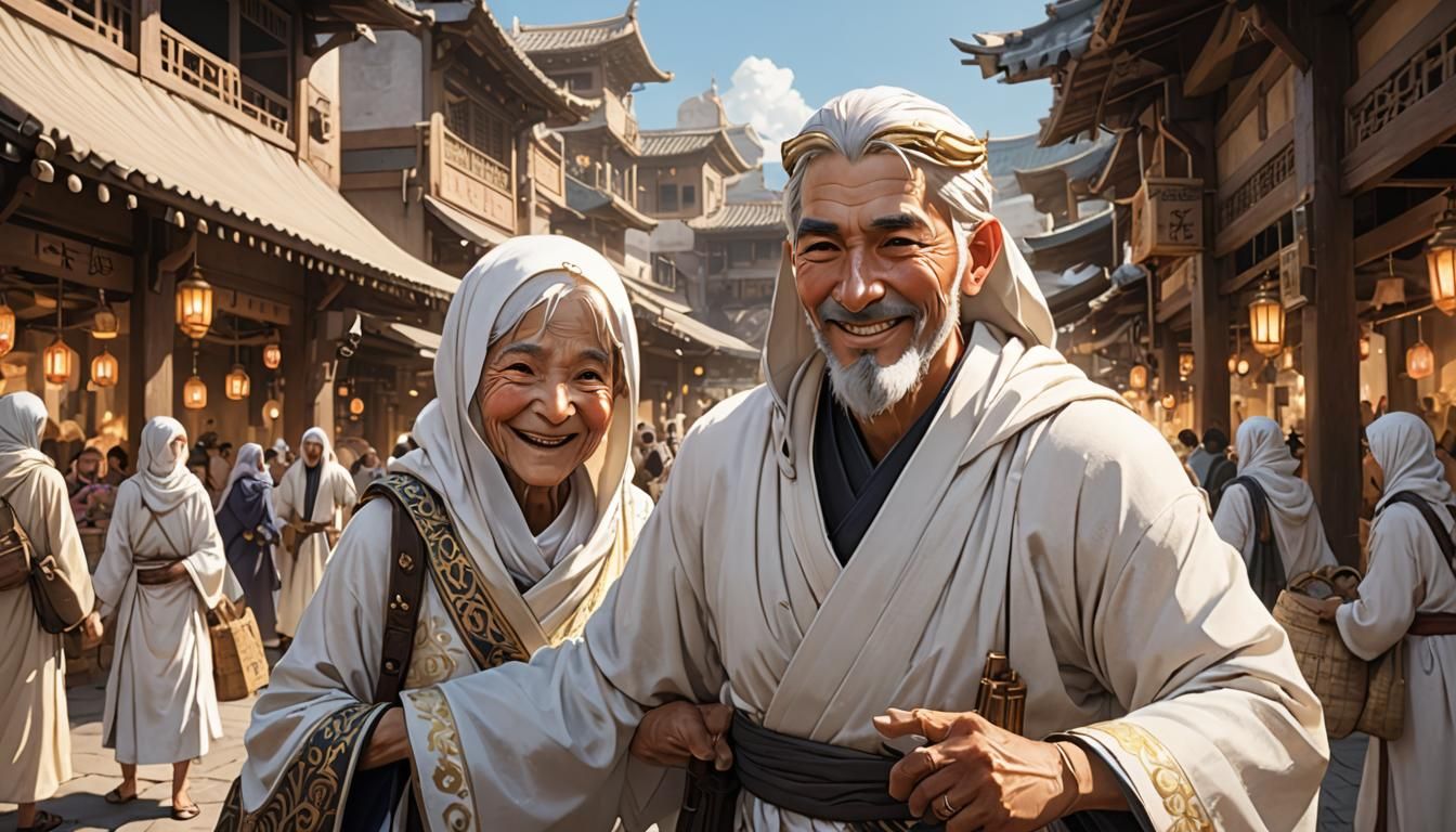 Man Helping Woman: 3D Anime Art in Warm Light