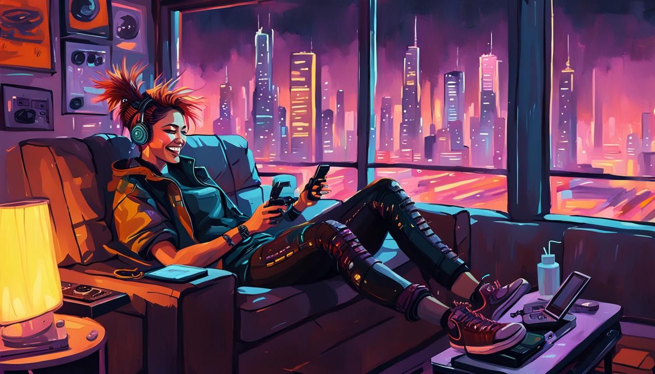 Cyberpunk Girl Relaxing in Apartment, Gouache Painting