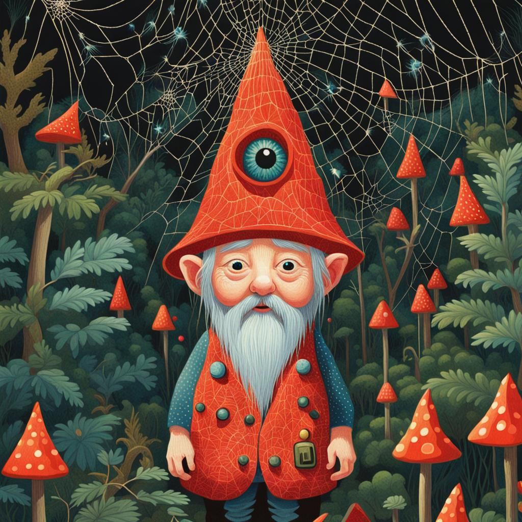 Gnome Portrait with Glowing Eyes in Web, Detailed Illustrati...