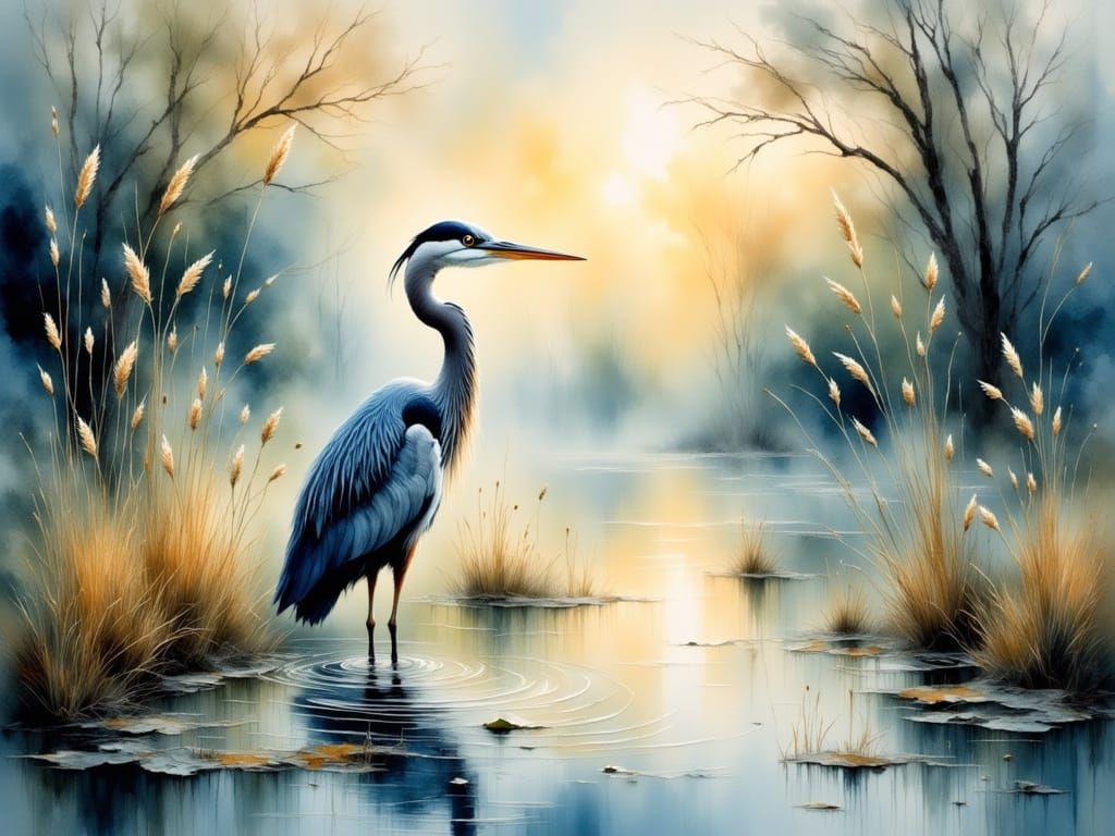 Serenely Standing Blue Heron in Misty Pond