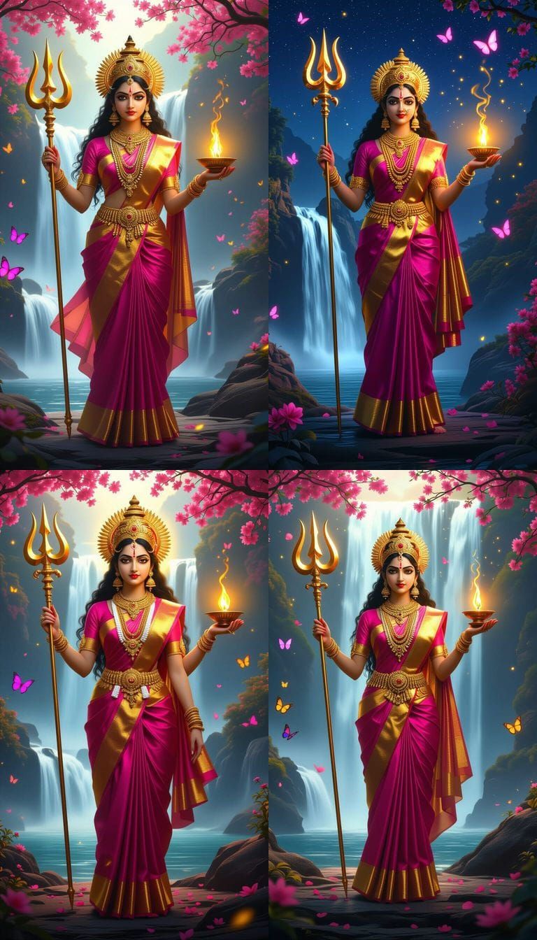 Goddess Durga with Golden Trishul & Lamp
