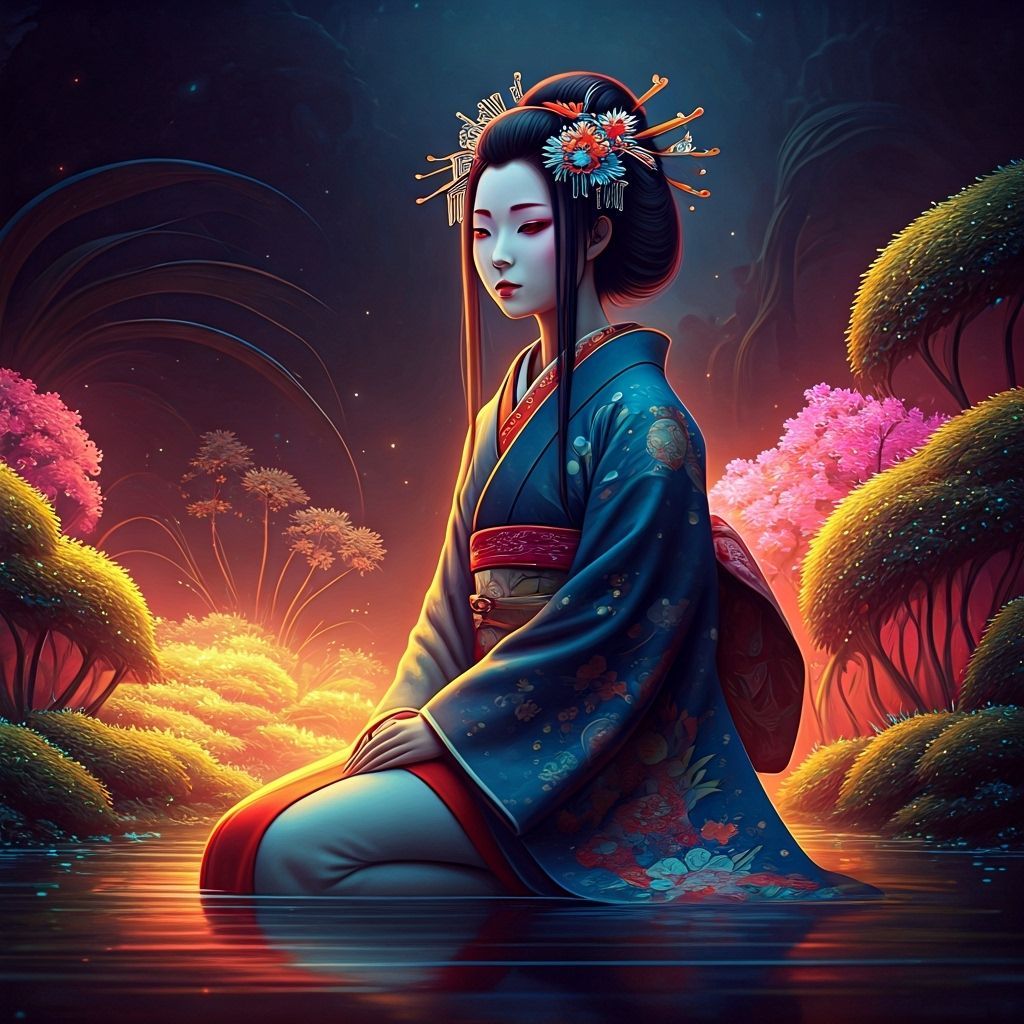Geisha Queen of Hearts in Alien Bioluminescent Garden