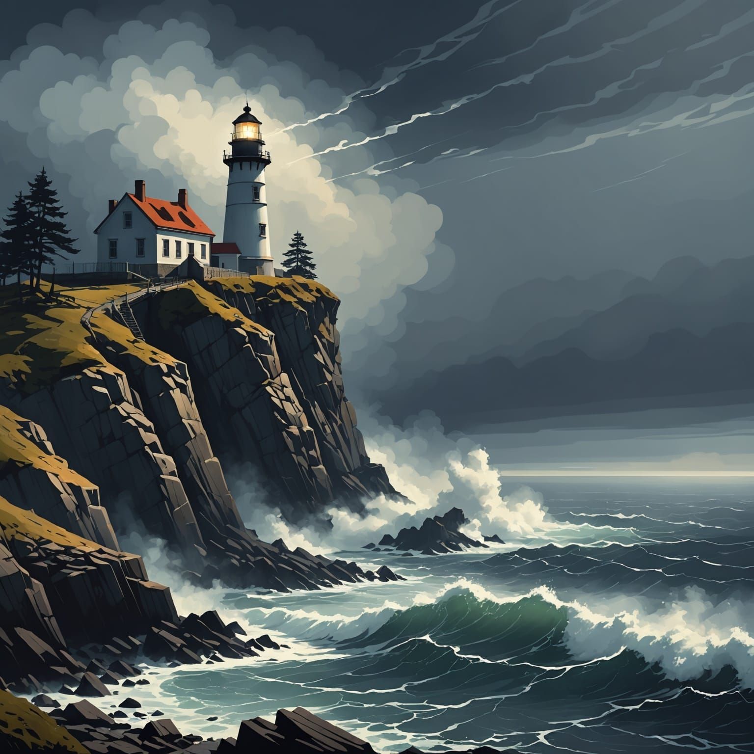 Lighthouse Pierces Mist in Dramatic Cinematic Style