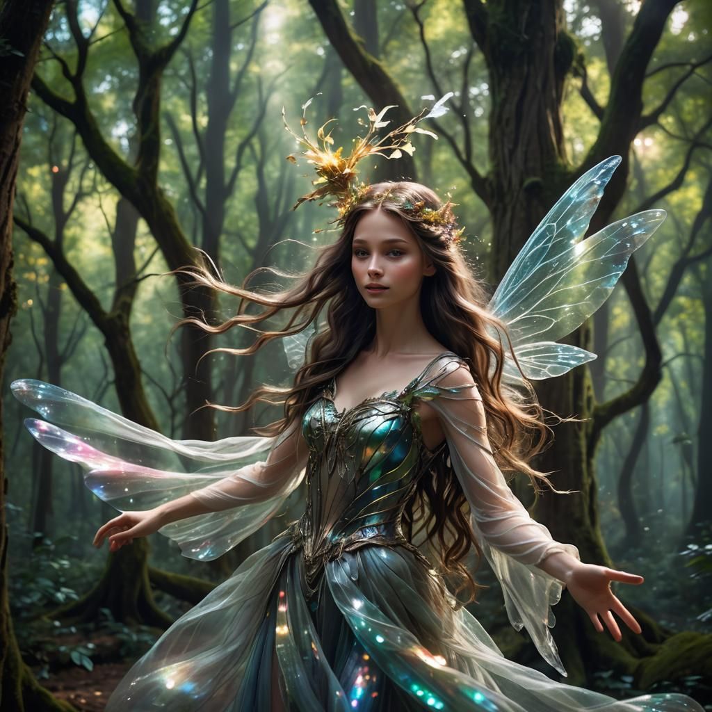 Fairy Zooming Through Forest, Art Nouveau Style