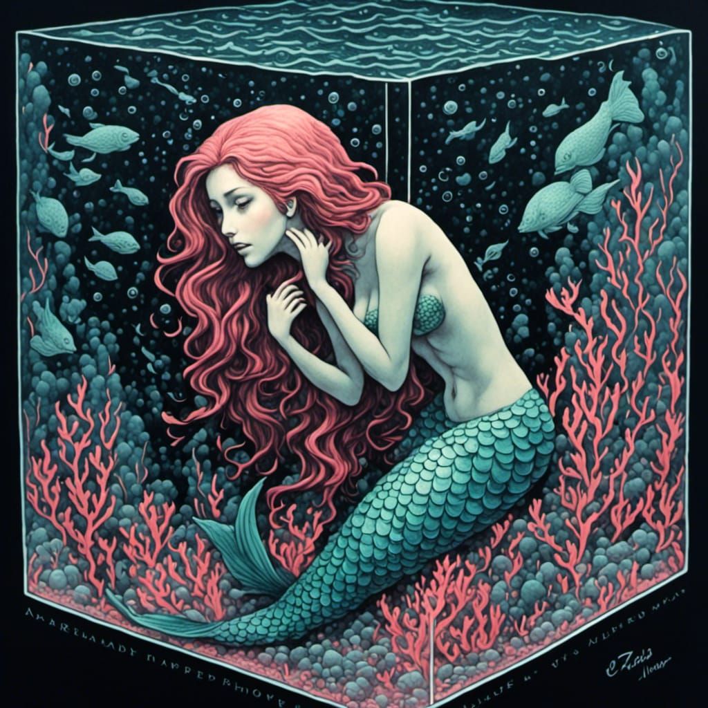 Mermaid in Resin Cube: Linocut Style