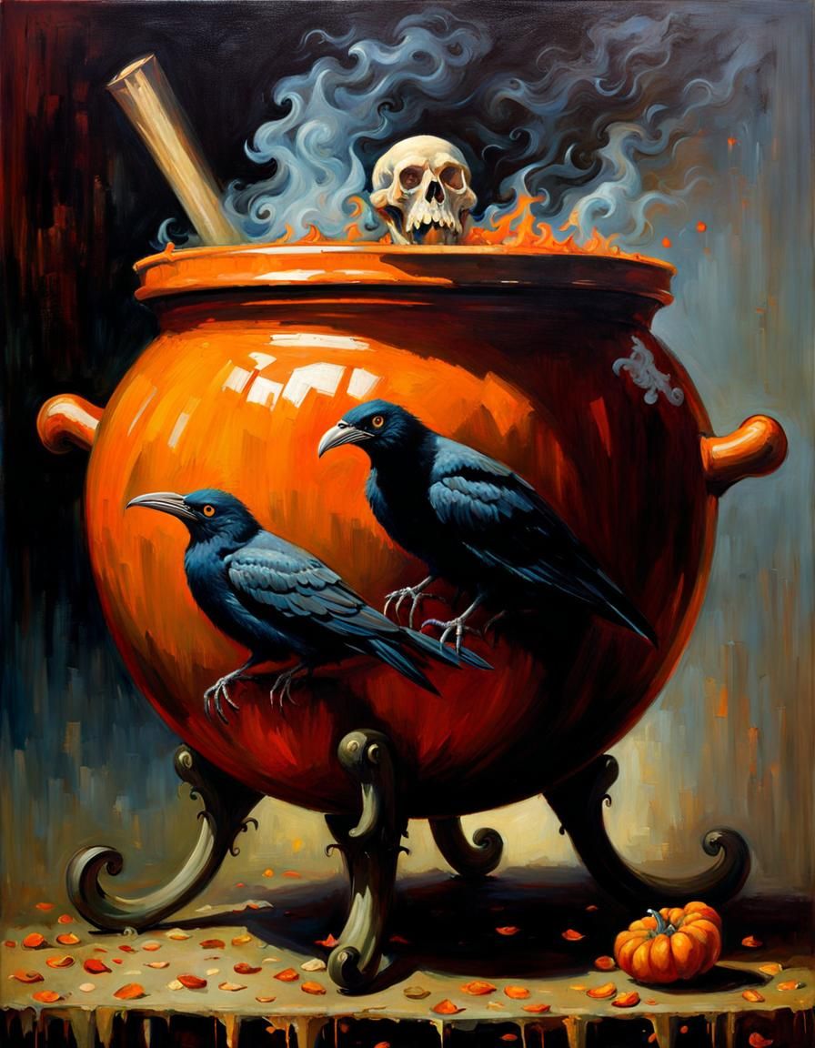 halloween cauldron with ravens