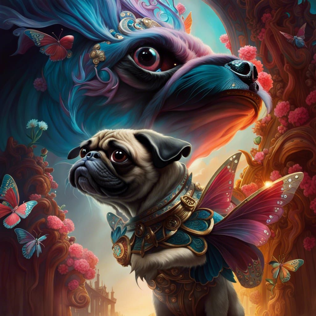 Pug and Fairy Creature in Fantasy Style