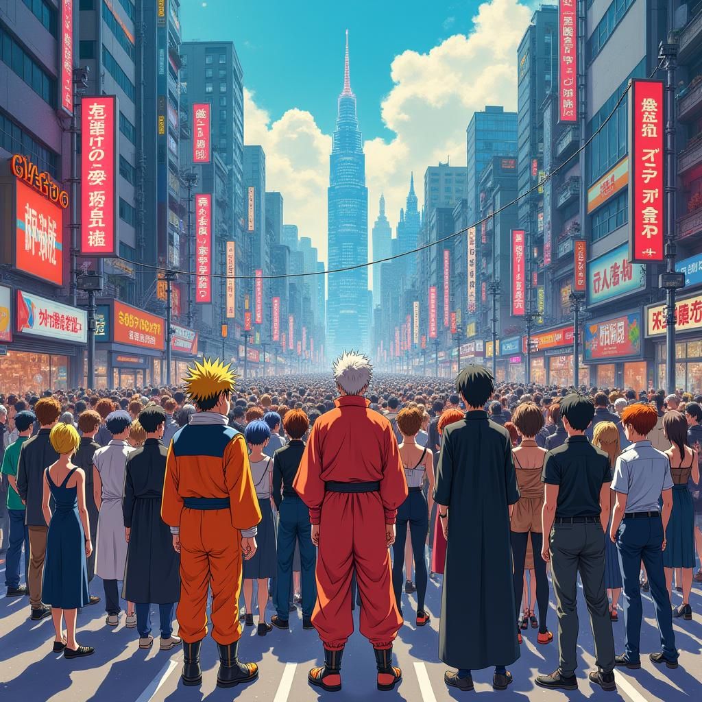 Anime Heroes Unite in Neon Tokyo Cityscape