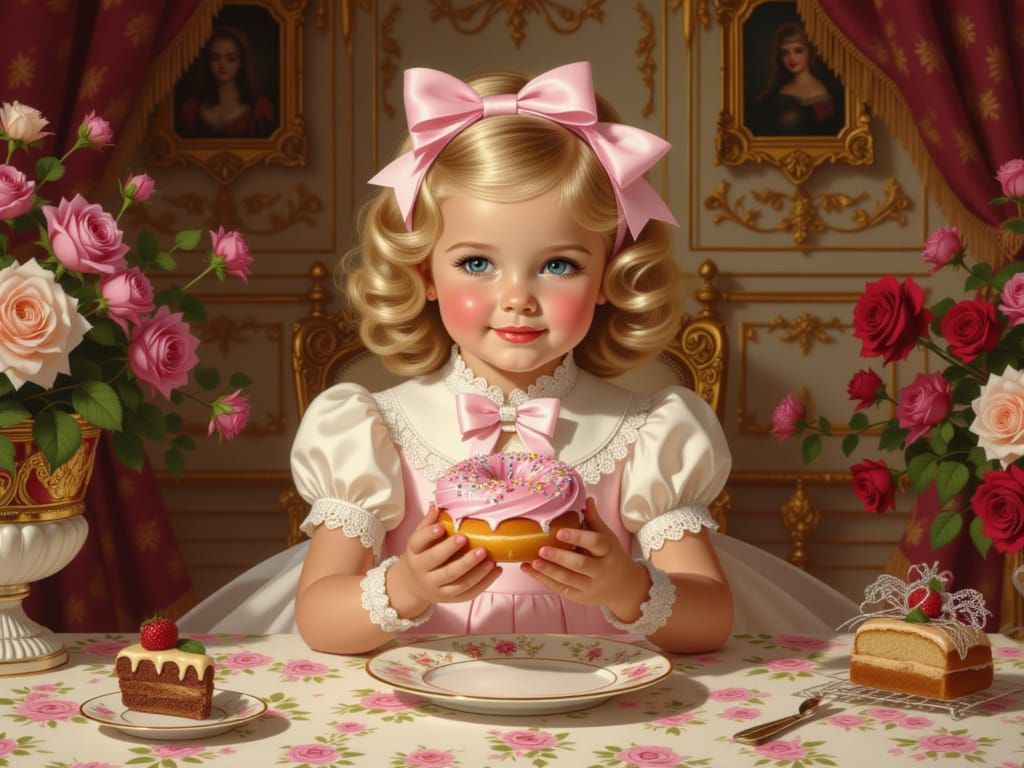 Girl in Elegant Attire Holds Frosted Donut