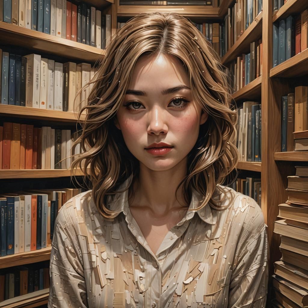 Young Woman in Tiny Library: Photorealistic Digital Art