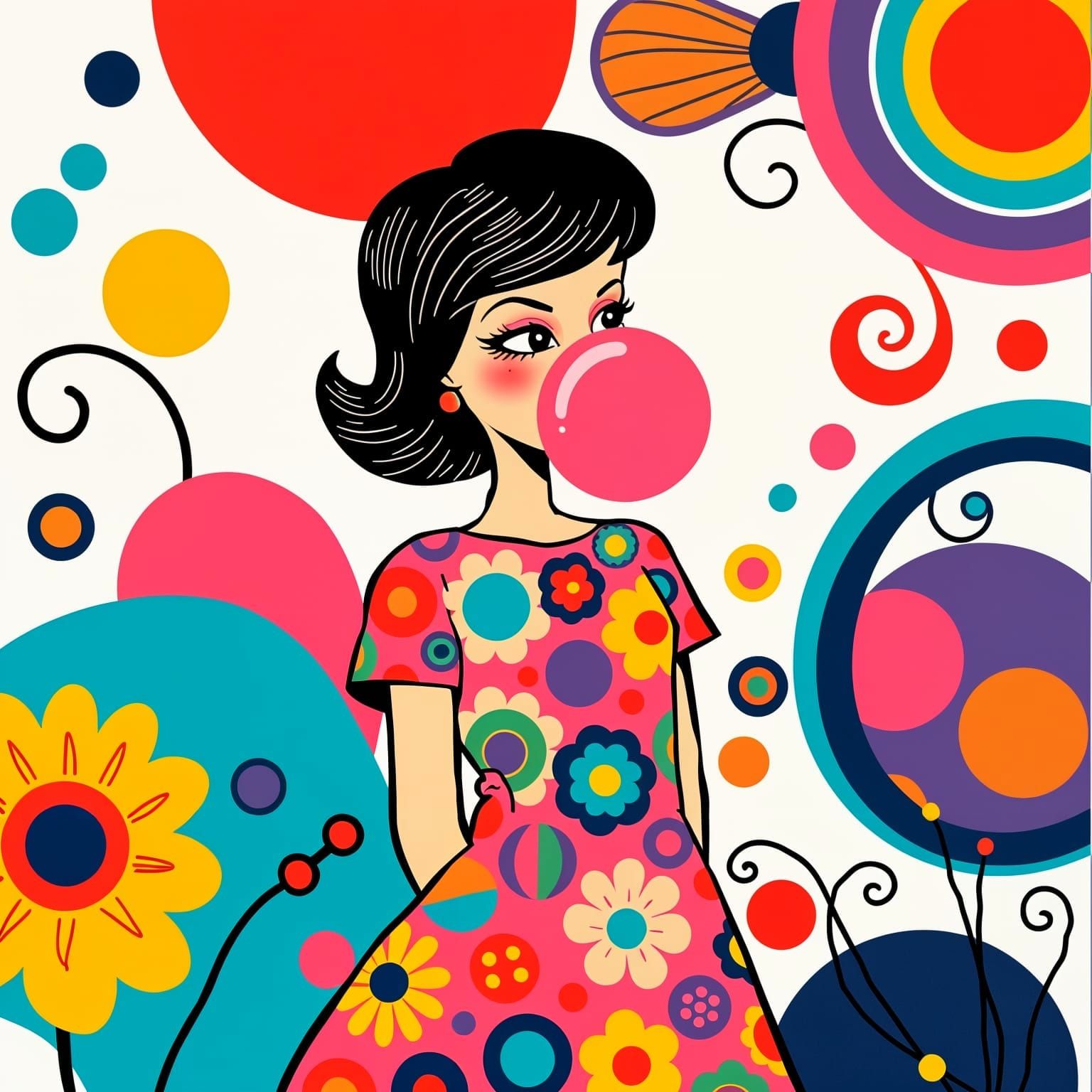 Vibrant 1960s Go Go Girl Blows Bubblegum Bubble