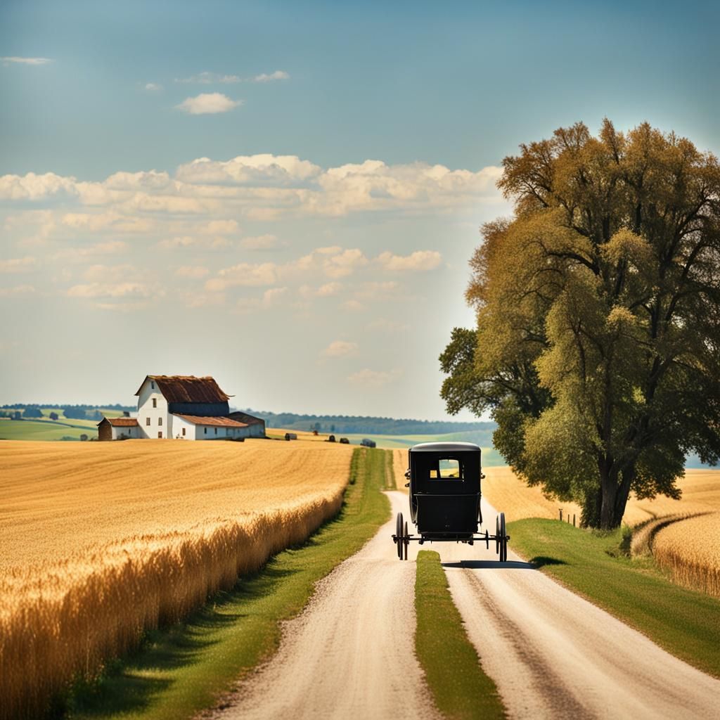 Amish Buggy on Rural Road in Golden Wheat Fields