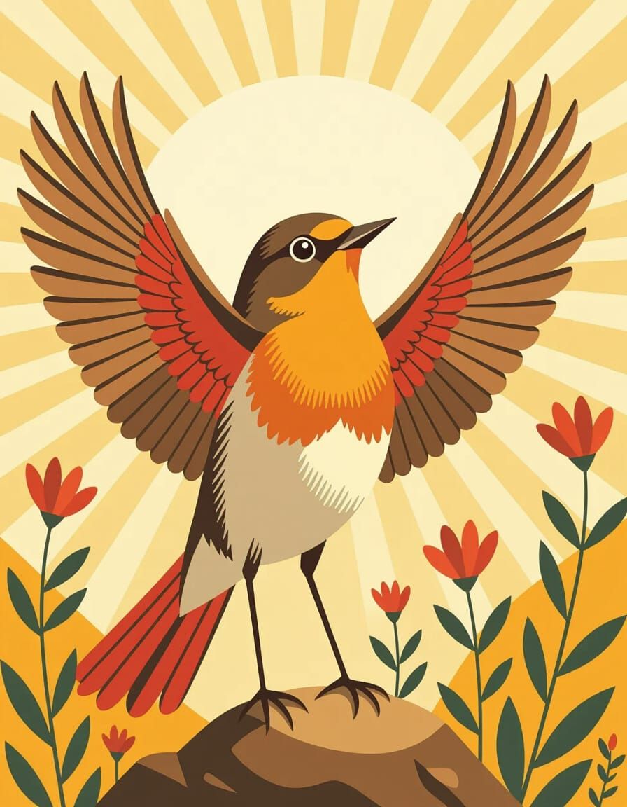 Triumphant Robin Celebrates Victory in Charley Harper Style