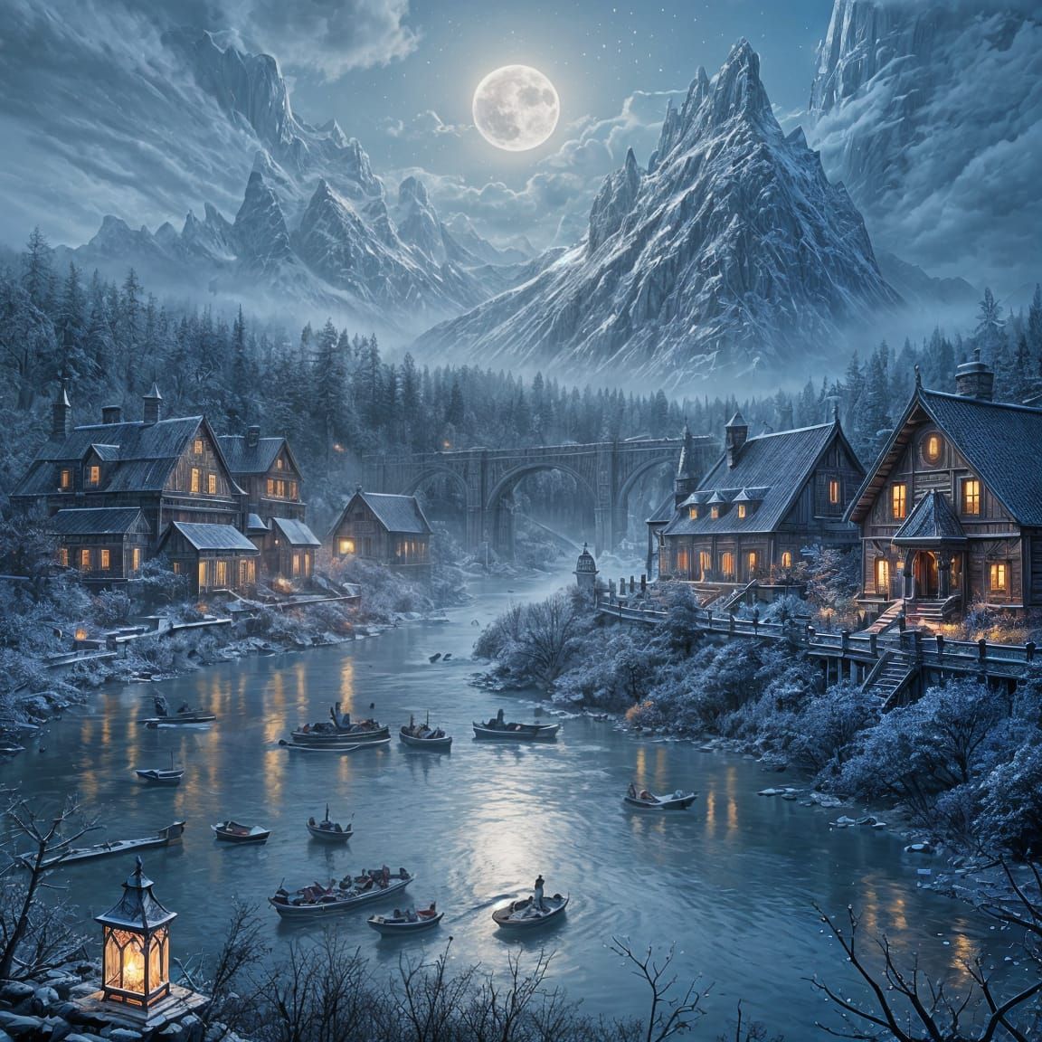 Moonlit Village Scene in a Fantastical Winter Landscape