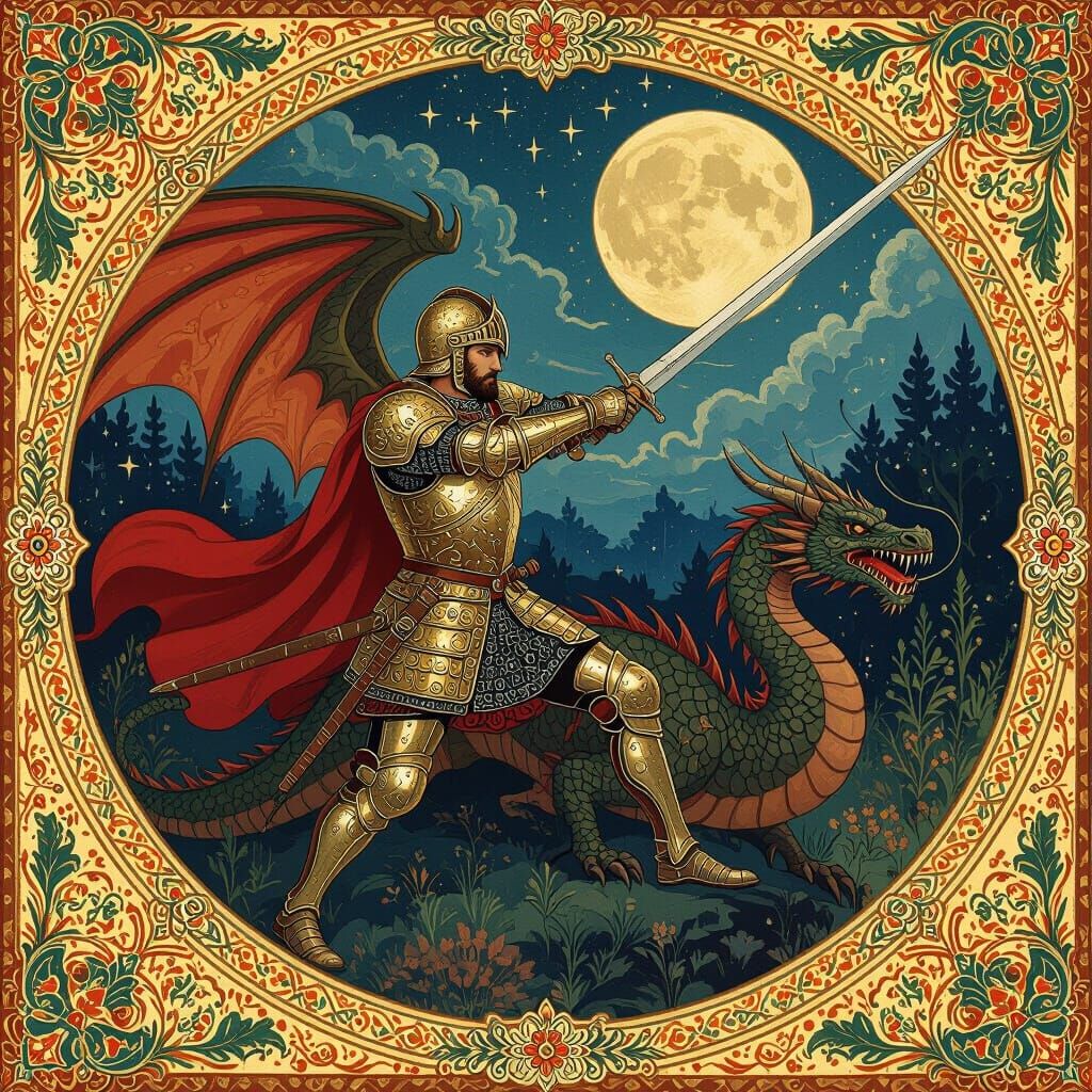 Saint George Slaying Dragon in Russian Folk Art Style