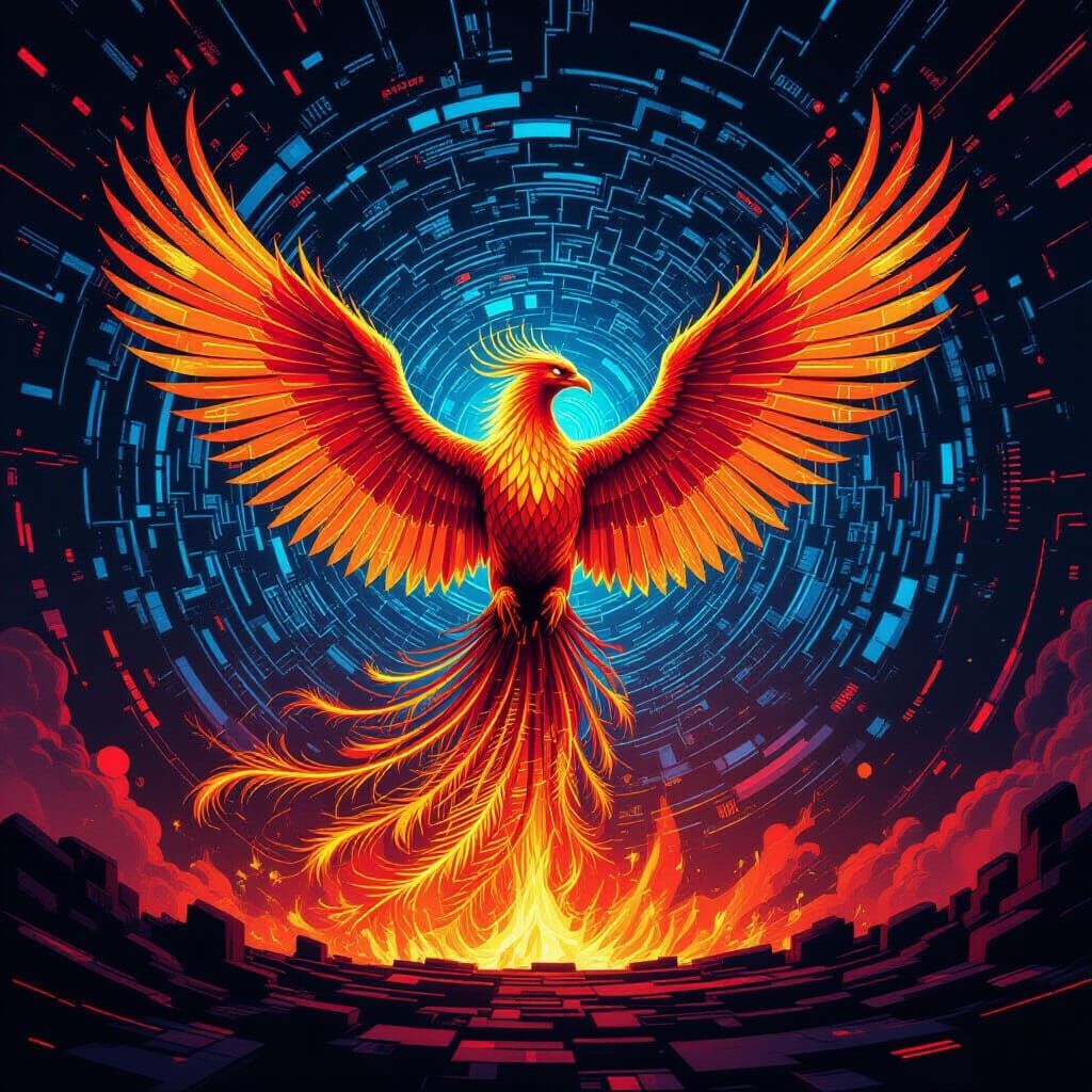 Cyberpunk Phoenix Rises From Digital Inferno
