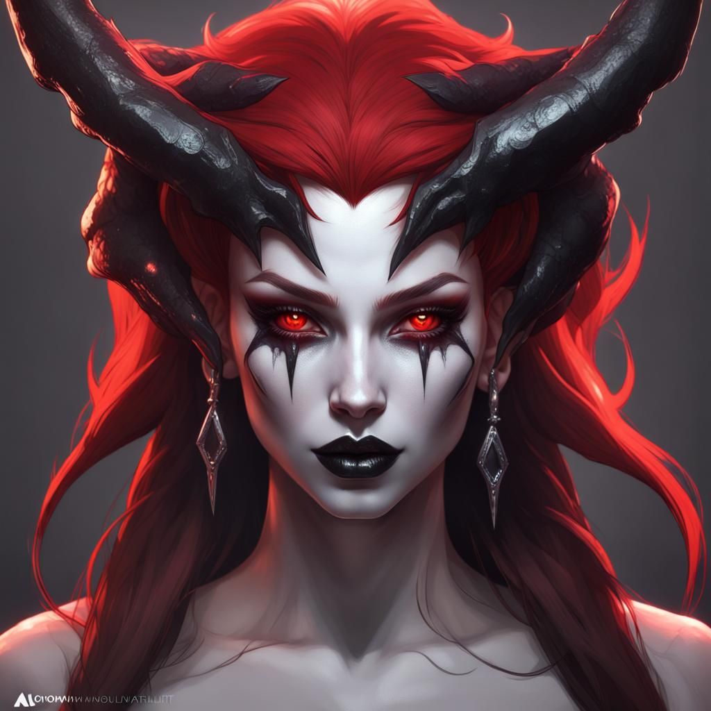 Red-Skinned Demon Portrait in Hyperdetailed Style