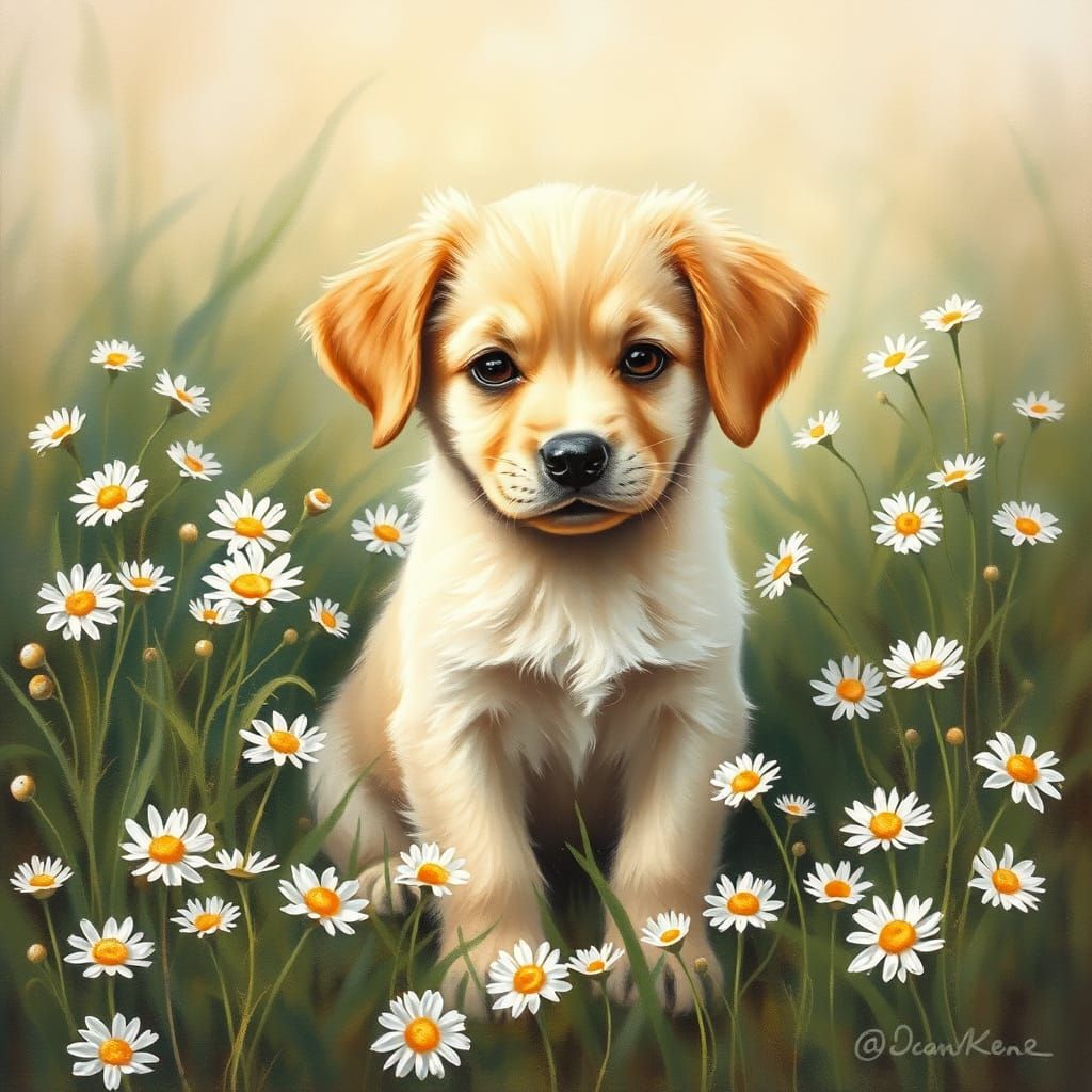 Whimsical Puppy in Enchanted Field