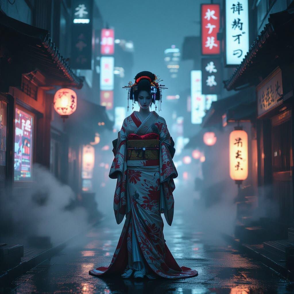Cyberpunk Geisha with Holographic Hair Ornaments