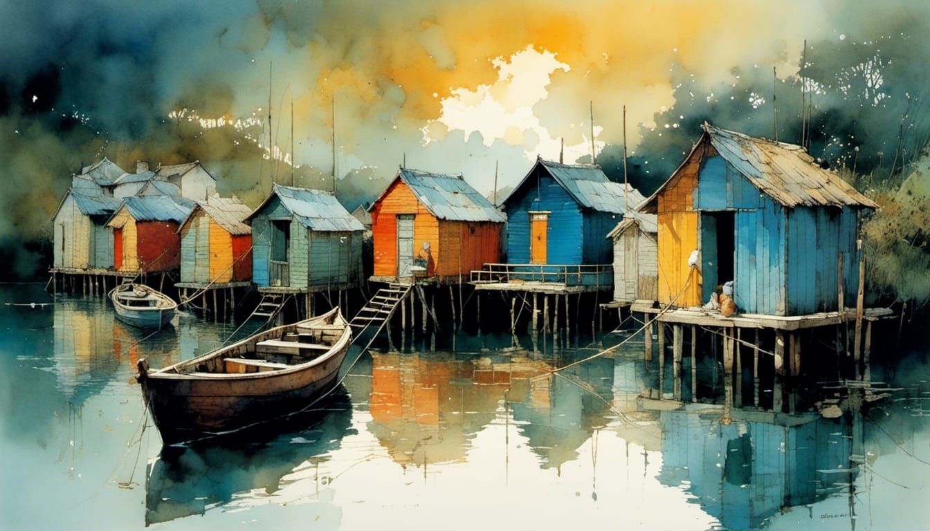 Colorful Fishing Huts in Watercolor Style