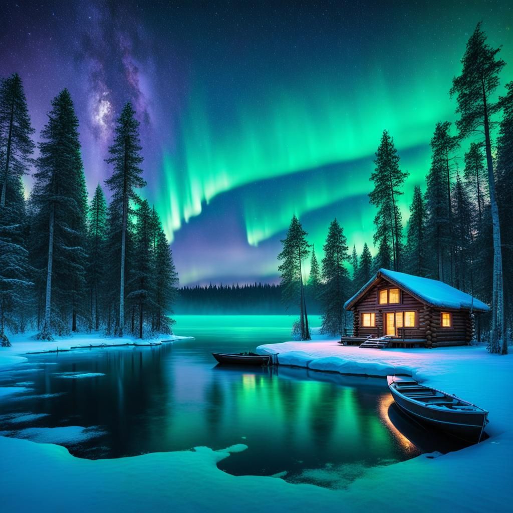 Log Cabin Under Northern Lights on Frozen Lake