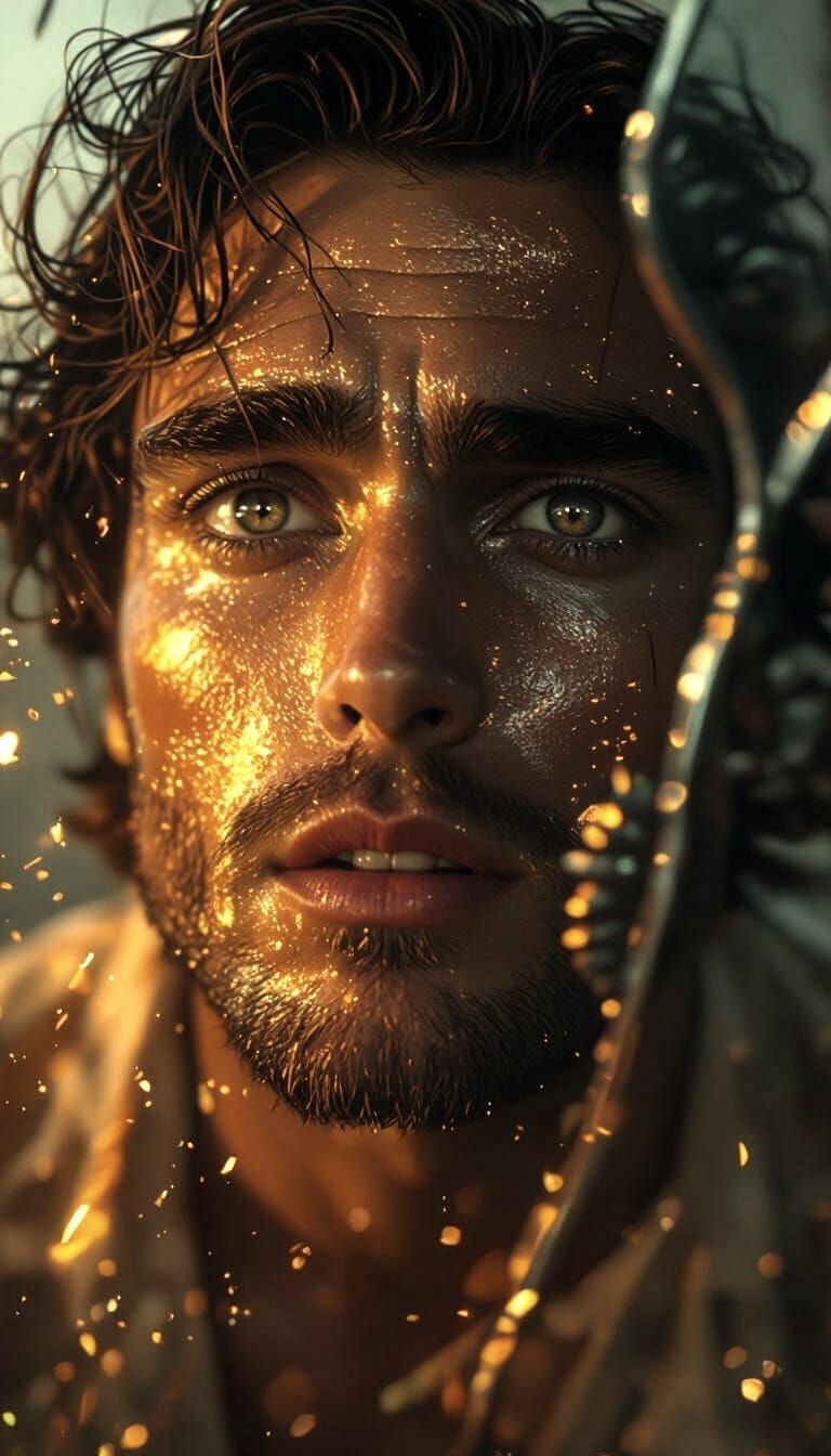 Handsome Man Gazing into Fiery Mirror Realm