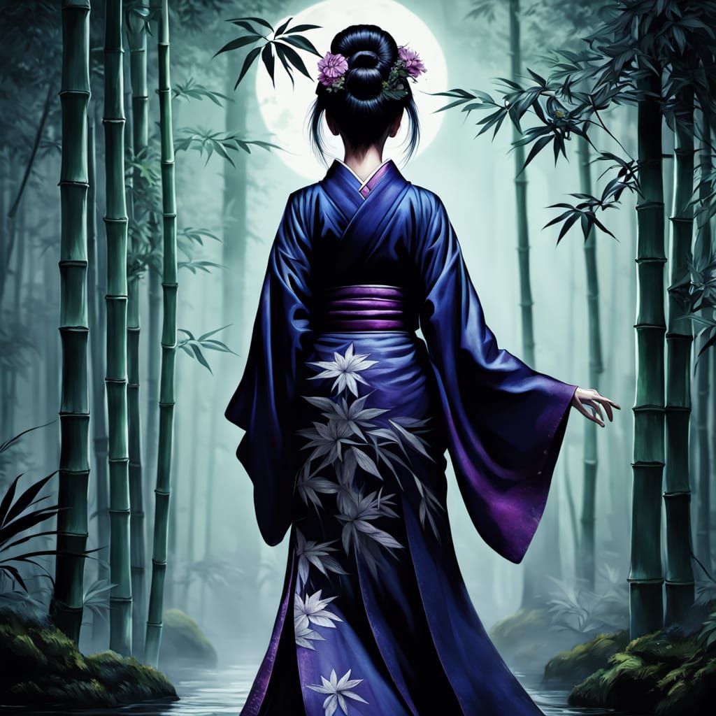 Geisha Dancing in Moonlit Forest: Dark Fantasy Art